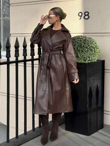 Bethéva 女士时尚街头时尚 PU 皮革翻领双排扣系带长款风衣 - 棕色 - 查看 1