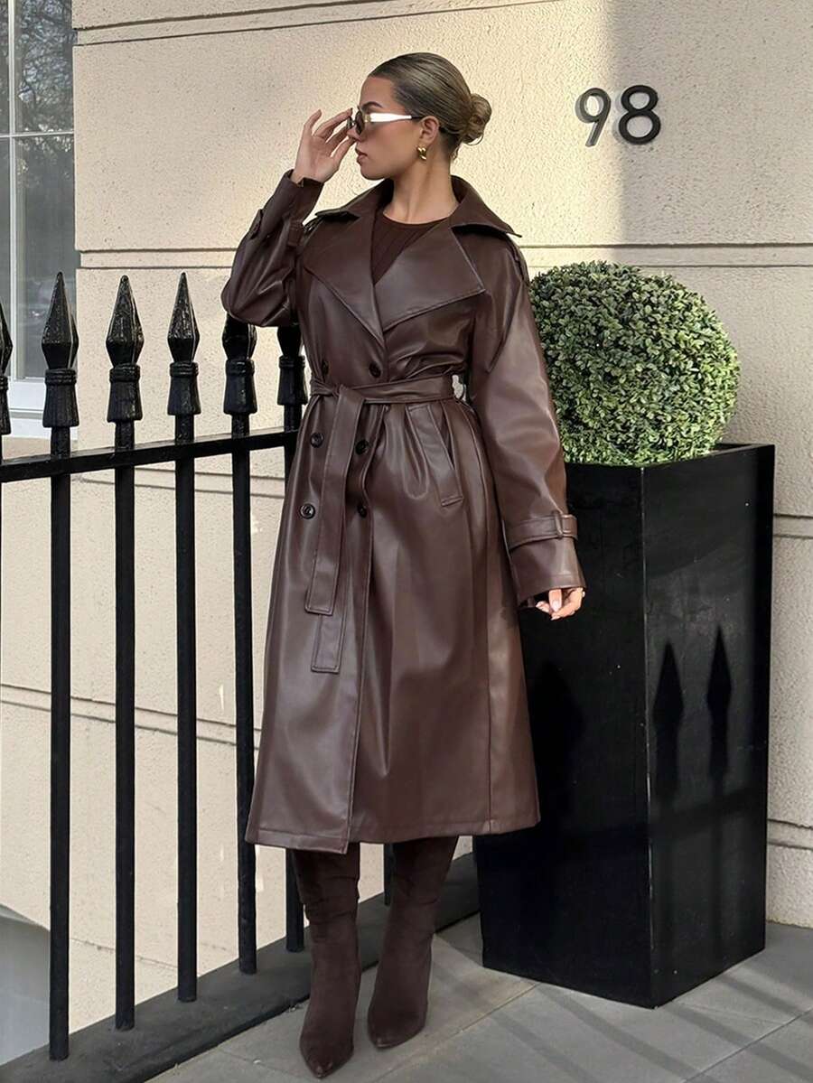 Bethéva 女士时尚街头时尚 PU 皮革翻领双排扣系带长款风衣 - 棕色 - 查看 1