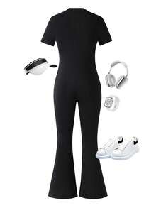 SHEIN 少女半拉链连体衣黑色喇叭裤，返校季，休闲外出 - 黑色 - 查看 3