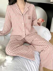 2件套少女极简韩版贴布图案小熊装饰翻领贴布长袖睡衣套装格子睡衣套装纽扣睡衣套装粉色格子睡衣小熊刺绣睡衣女式睡衣套装 - 淺粉色 - 查看 1