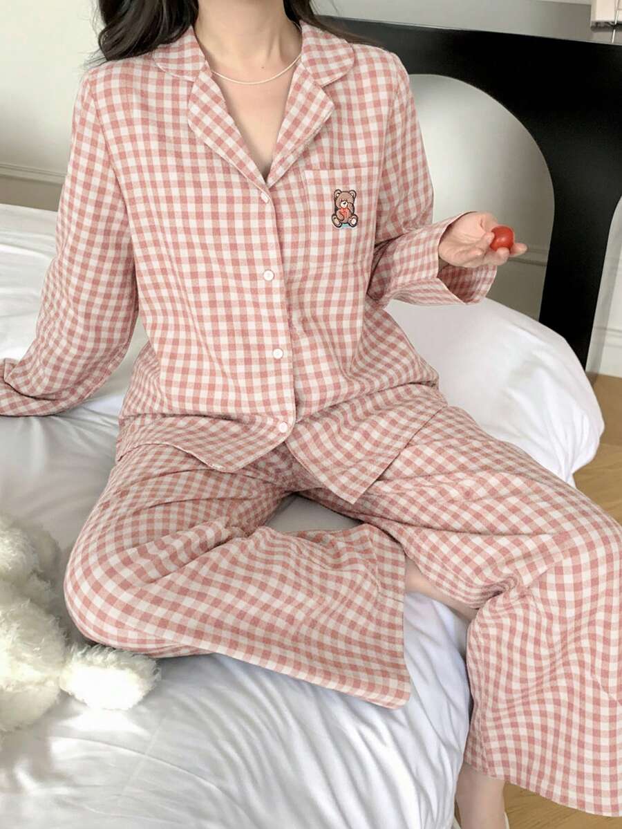 2件套少女极简韩版贴布图案小熊装饰翻领贴布长袖睡衣套装格子睡衣套装纽扣睡衣套装粉色格子睡衣小熊刺绣睡衣女式睡衣套装 - 淺粉色 - 查看 1