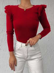 EURMUSE Áo thun dệt kim gân 95% cotton viền bèo nhún - Màu Đỏ Sâu - Xem 6