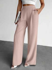 EURMUSE Women's Solid Color High Waist Pleated Wide Leg Loose Casual Pants - Baby Pink - View 4
