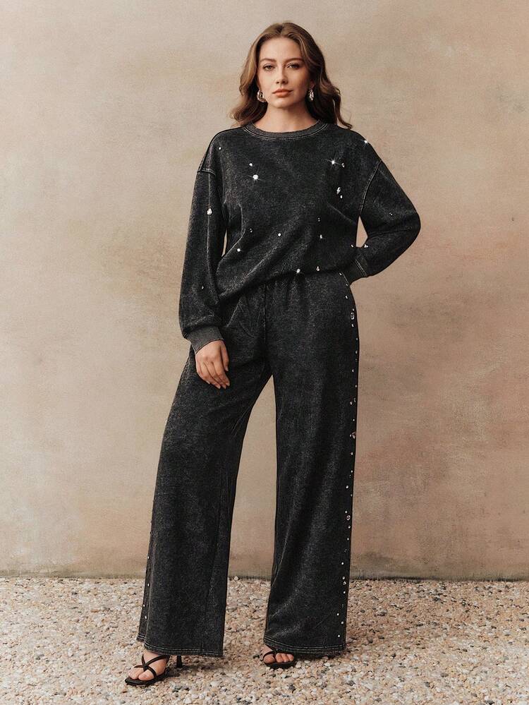 New Fashion Design Women's Asymmetrical Pearl Beaded Washed Effect Straight Leg Plus Size Casual Pants