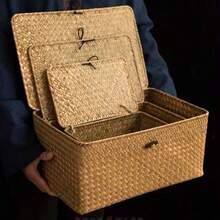 1pc Covered Woven Basket, Willow Storage Box, Rectangular Storage Box, Toy Storage Box, Suitable For Decorating Rooms, Halls, Kitchens, Bathrooms, Bedrooms With Beautiful Appearance - Brown - View 2