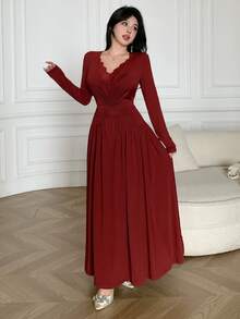 Feyla Đầm maxi dài tay cổ chữ V phối ren chất lượng cao, có phần eo thon gọn. - Màu Đỏ Sâu - Xem 5