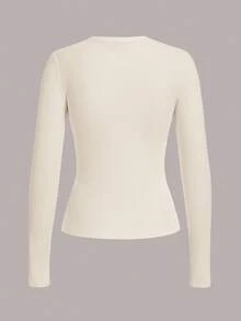 SHEIN BASICS 女士休闲纯色针织圆领长袖修身T恤 - 杏色 - 查看 2