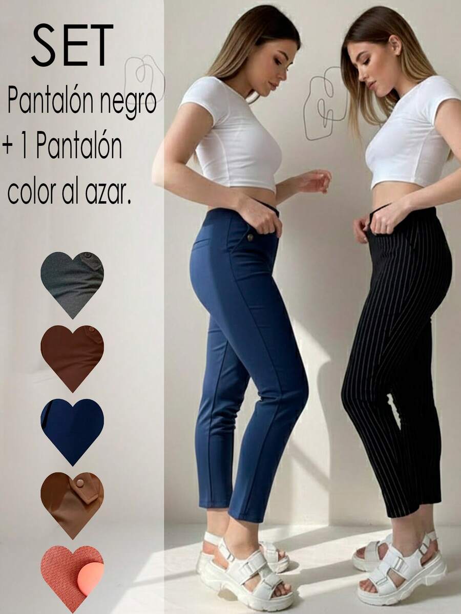 Set de 2 pantalones semi-entubados para mujer, clásicos, casuales y elegantes, multicolor, tela de algodón y poliéster, aptos para cualquier temporada. Ajuste de cintura natural y bolsillos funcionales. Frescos, ligeros y cómodos. Te llegarán 2 pantalones: 1 en color negro y 1 en color al azar. - Multicolor - Ver 1