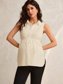 MaterniWear Maternity Casual Solid Color Front Button Lapel Tank Top, Summer - Apricot - View 7