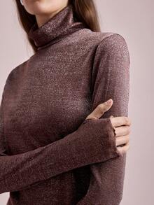 Ontre 女士亮面金属色高领长袖修身上衣，优雅的办公室/商务休闲装，适合通勤、派对、约会、夏季穿着 - 棕色 - 查看 4