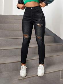 SHEIN PETITE 女士黑色紧身弹力性感铅笔裤 - 黑色 - 查看 1