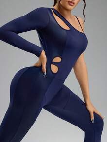 Innovista Innovista Women's Royal Blue Asymmetrical Neck Long Sleeve Knitted Jumpsuit For Dance And Gym Wear - Royal Blue - View 1