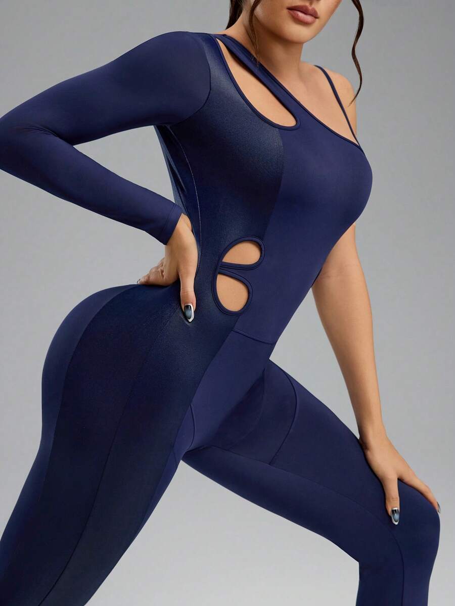 Innovista Innovista Women's Royal Blue Asymmetrical Neck Long Sleeve Knitted Jumpsuit For Dance And Gym Wear - Royal Blue - View 1