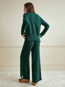 Écloséra 2pcs Solid Color Knitted Sweater And Pants Set, Casual For Autumn/Winter - Dark Green - View 6