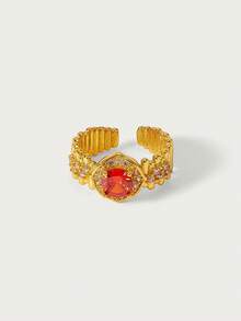 Glisma Nhẫn hở mạ vàng 18K đính đá Zirconia màu cam siêu nhỏ, Trang phục, Phong cách Gothic/Gothic, Sang trọng cổ điển, Đính hạt, Trang sức phương Tây, Kim loại/Kết cấu, Đá quý, Mùa thu/Đông, Dành cho mẹ/phụ nữ/bé gái/người mẹ, Cao cấp, Cổ điển, Hình chữ thập - Vàng - Xem 2