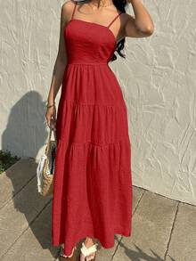 Sunnyshic Đầm hai dây xếp ly dáng rộng, chất liệu vải họa tiết đào, có dây rút, kiểu dáng phù hợp cho kỳ nghỉ. - Đỏ - Xem 4