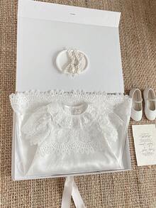 PrepCrw 1pc Young Girls Elegant White Summer Flower Girl Lace Embroidered Decor Collar Short Sleeve Knit Dress,Suitable For Wedding,Party,Festival Outings - White - View 3