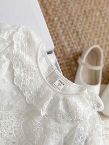 PrepCrw 1pc Young Girls Elegant White Summer Flower Girl Lace Embroidered Decor Collar Short Sleeve Knit Dress,Suitable For Wedding,Party,Festival Outings - White - View 7