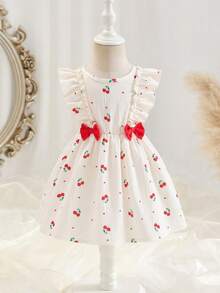 SHEIN 1件女婴可爱樱桃印花蝴蝶结连衣裙，韩版甜美风格，质感面料，喇叭袖，腰部系带，适合日常穿着、度假或派对，春夏款 - 彩色 - 查看 9