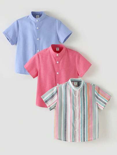 SHEIN 买二送一，3件套男童休闲百搭撞色领短袖梭织衬衫，适合春夏日常穿着、运动、郊游、上学、聚会、度假、拍照、返校季等场合。