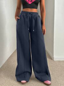 EURMUSE Women Loose Fit Front Stitch Detailed Sweatpant Pant - Navy Blue - View 3