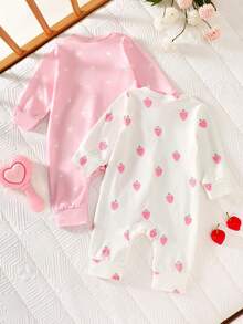 SHEIN 两件套新生女宝宝服装，舒适可爱的草莓印花长袖连体衣，柔软弹力针织面料，全开襟按扣设计，适合春秋季穿着，0-9个月，粉色和白色 - 淺粉色 - 查看 2
