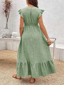 SHEIN Maternity Casual V-Neck Cap Sleeve Ruffle Hem Solid Color Dress - Green - View 2