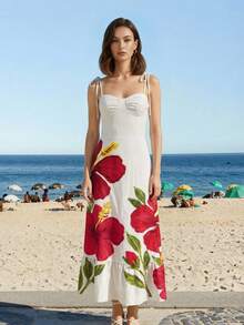 CAJUNI 女士热带度假刺绣花卉连衣裙 - 杏色 - 查看 3