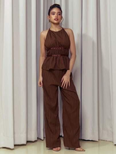 Criza Taa French Style Relaxed Solid Color Cinched Waist Camisole And Loose Wide Leg Pants 2 Pieces Set, Fashionable Set For Women