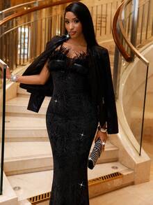 Lureya Đầm midi nữ không tay, cổ chữ V sâu, phối lưới phía trước, cổ lông giả, dây mảnh, gợi cảm, quyến rũ, thích hợp cho các sự kiện tiệc tùng, dạ hội, đính sequin, phù hợp cho mùa thu/đông và mọi mùa. - màu đen - Xem 4