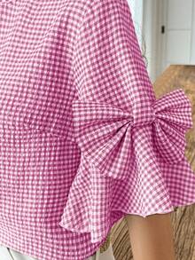 Elouméa 女士格子圆领蝴蝶结装饰喇叭袖时尚衬衫 - 玫紅色 - 查看 5