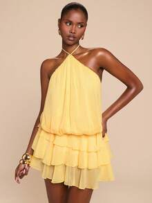 SHEIN BAE Women's Elegant Halter Tie Bubble Ruffle Jumpsuit, Spring/Summer - Yellow - View 3