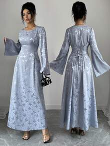 Yasmyna 女士优雅褶裥腰身A字长袖阿拉伯风格连衣裙，蓝色，秋冬款 - 藍色 - 查看 1