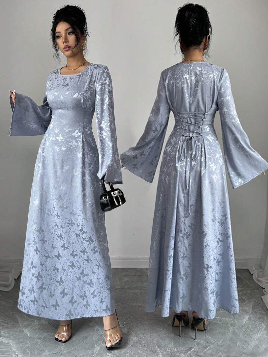 Yasmyna 女士优雅褶裥腰身A字长袖阿拉伯风格连衣裙，蓝色，秋冬款 - 藍色 - 查看 1