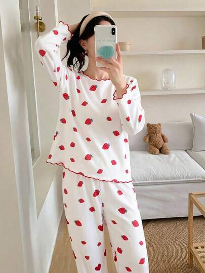 2pcs Girls Casual Strawberry Print Long Sleeve Top And Pants Pajama Set Kids Pajama Set Strawberry Pajama Set Strawberry Print Pants Girls Strawberry Clothes Strawberry Two Piece Set Valentine's Day