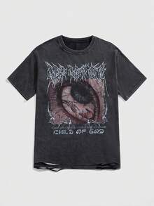 ROMWE Avant Áo thun dáng rộng unisex phong cách đường phố cổ điển Y2K với các chi tiết rách rưới. - màu đen - Xem 1