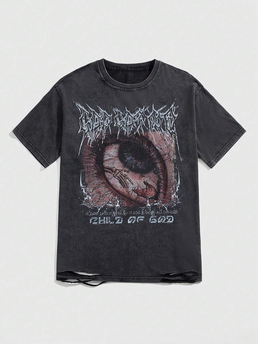 ROMWE Avant Áo thun dáng rộng unisex phong cách đường phố cổ điển Y2K với các chi tiết rách rưới. - màu đen - Xem 1