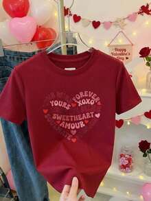Camiseta de algodón para mujer con estampado de corazón en forma de texto amoroso y corazones rojos para San Valentín y ocasiones románticas - Burdeos - Ver 9