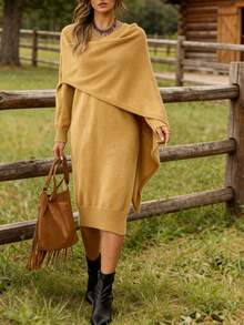 SHEIN LilyWest Western Style Versatile V-Neck Long Sleeve Poncho Sweater Dress, Suitable For Multiple Occasions, Versatile Women's Knit Dress - Brown - View 3