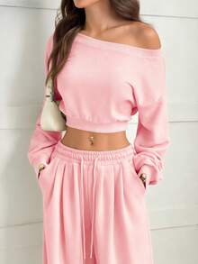 CovetEZ 两件套女士不对称领落肩露脐上衣和阔腿休闲裤套装，春季，情人节，粉色，新年 - 淺粉色 - 查看 4