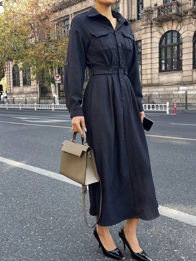 Women's Solid Color Cuffed Sleeve Button Half Placket Casual Long Shirt Dress Sundress
