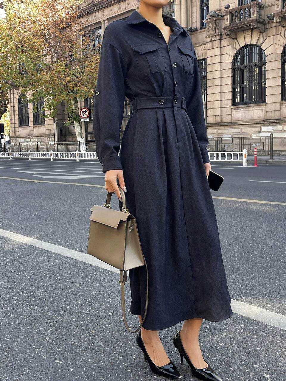 Women's Solid Color Cuffed Sleeve Button Half Placket Casual Long Shirt Dress Sundress