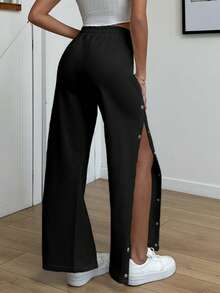 EURMUSE Cotton Wide Leg Side Detailed Sweatpant - Black - View 2