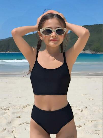 Tween Girls' Tankini Swimsuit, Casual Minimalist Fashion Black Knit Camisole Swimwear Set, Suitable For Swimming, Vacation, Summer Swimsuits For 14 Year Old Black Two Pieces Black Bathing Suits For Girls Two Pieces High Waist Swimsuit Set Black Tween Swimsuit Modest Bikini Set Bathing Suits Teen Teen Girls Bikini Sets Black Bathing Suits Teen Girls Black Summer Vacation Thermal Christmas Holiday Festival New Years Valentines