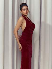Criza Taa Damen Burgunderrot elegantes, sexy Partykleid, mit Metallfaden drapierter Ausschnitt, tief ausgeschnittenes figurbetontes Meerjungfrauenkleid für Silvester - Bordeaux - Übersicht 5