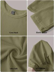 SHEIN BASICS 女士休闲纯色针织圆领长袖修身T恤 - 薄荷綠 - 查看 4