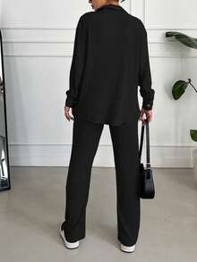 EURMUSE Cotton Solid Color Thin Ribbed Knit Casual And Comfortable Suit - Black - View 2