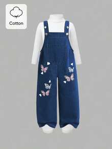 SHEIN Sparklyn Sleeveless Dark Wash Denim Overall For Girls With Butterfly Pattern And Pockets Long Jumpsuit Everyday Style - Dark Wash - View 3