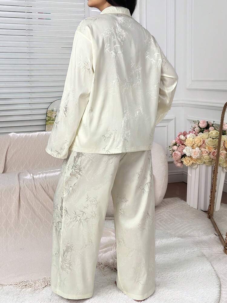Dazy Plus Elegant Jacquard Knit Loose Long Sleeve Cardigan And Straight Pants Pajama Set, Spring/Autumn