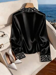 SHEIN Clasi Blusa de manga corta para mujer de talla grande, elegante y romántica con puños y cuello adornados con brillantes y pedrería - Negro - Ver 2